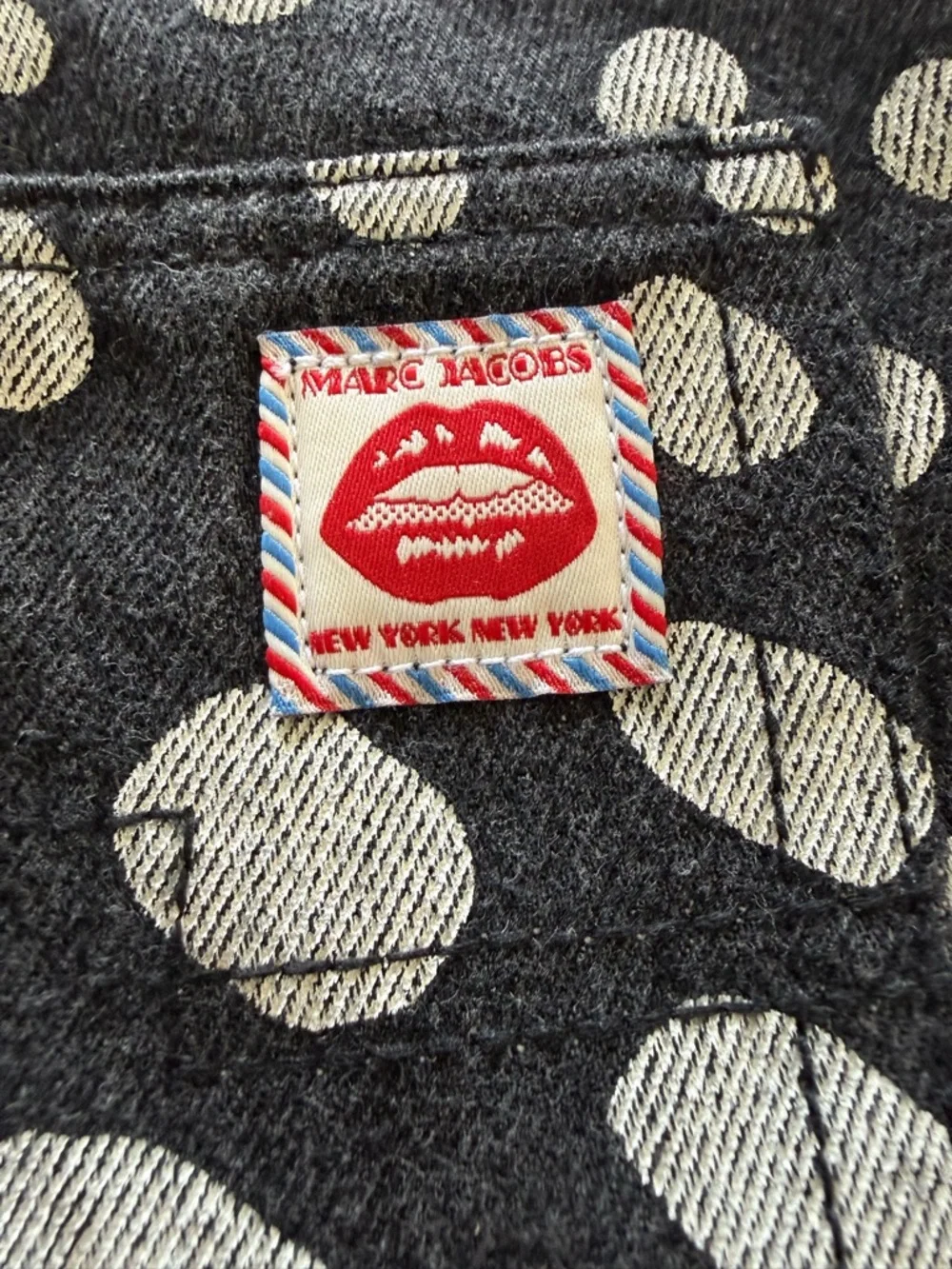 Marc Jacobs Black and White Polka Dot Denim Skirt with Leather Logo Patch - Picture 4 of 11